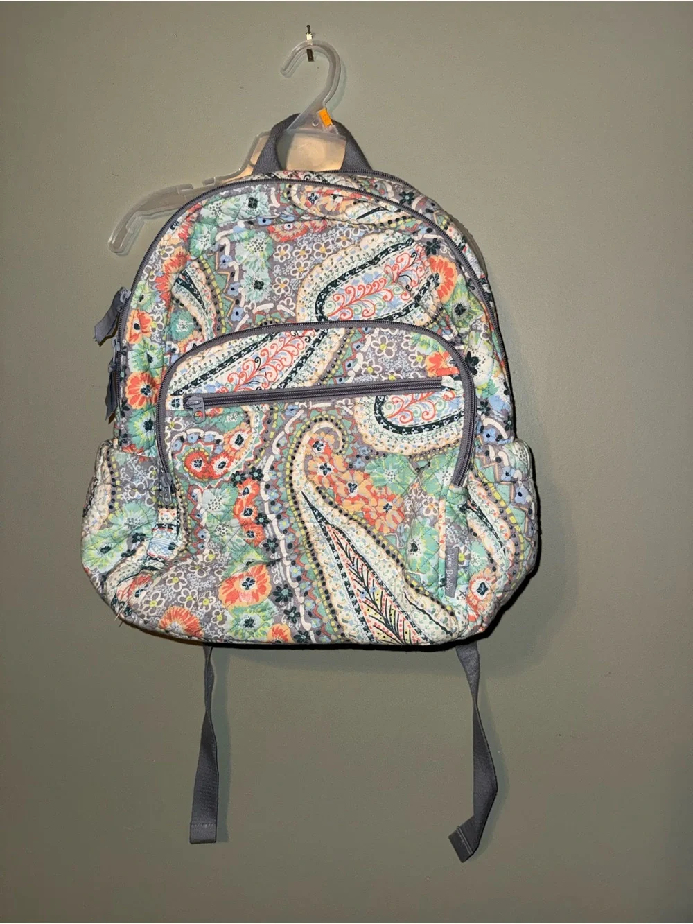 Vera Bradley Gray Quilted Paisley Backpack with Mint & Coral Accents